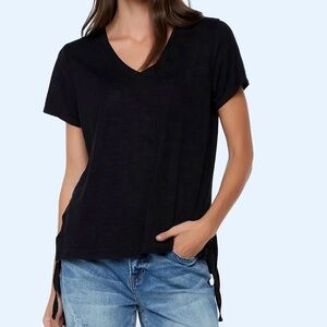 Billy T Black V-Neck Side tie Women's Top tee shirt hi low